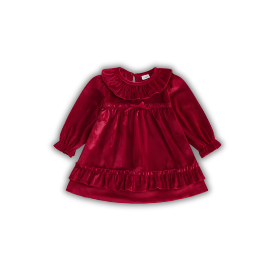 Vestido de Terciopelo Rojo con Cuello Olán y Moño para Bebé & Niña