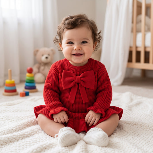 Suéter Vestido de Punto con Moño Frontal y Olanes para Bebé rojo