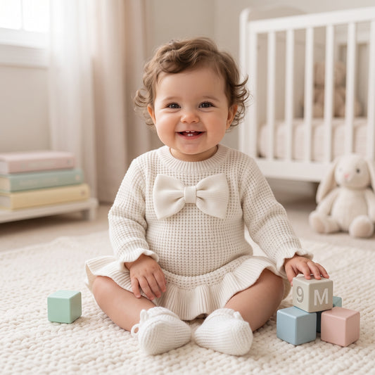 Suéter Vestido de Punto con Moño Frontal y Olanes para Bebé blanco