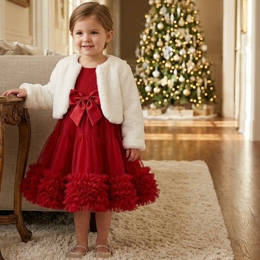 Vestido Rojo Borgoña de Tul y Olanes para Bebé y Niña