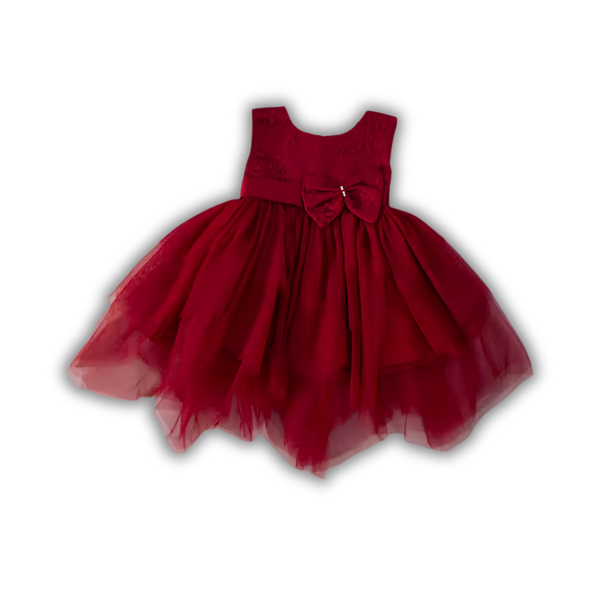 Vestido de Gala Borgoña en Tul Asimétrico con Moño y Pedrería para Niña