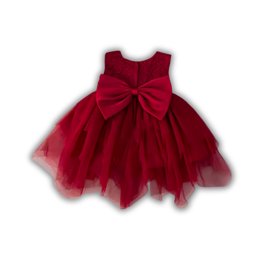Vestido de Gala Borgoña en Tul Asimétrico con Moño y Pedrería para Niña