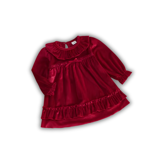 Vestido de Terciopelo Rojo con Cuello Olán y Moño para Bebé & Niña