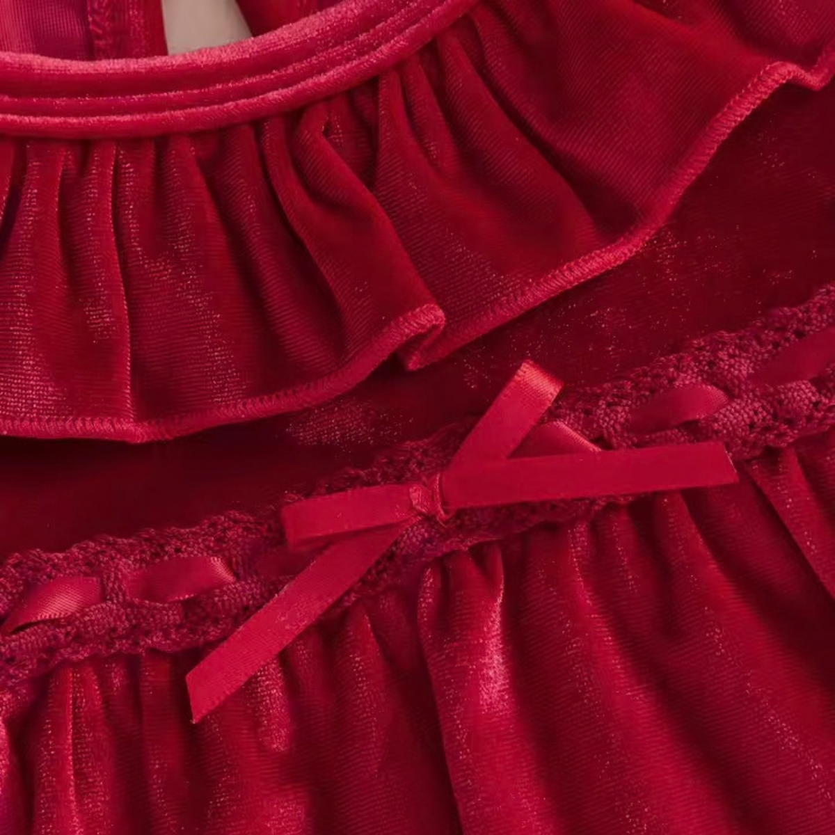 Vestido de Terciopelo Rojo con Cuello Olán y Moño para Bebé & Niña