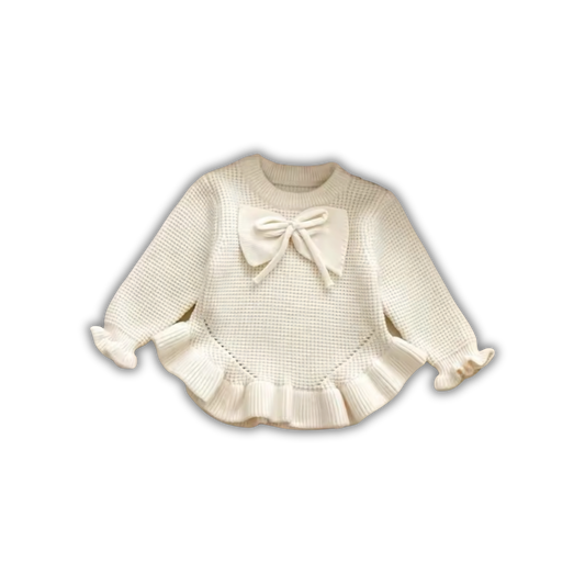 Suéter Vestido de Punto con Moño Frontal y Olanes para Bebé blanco