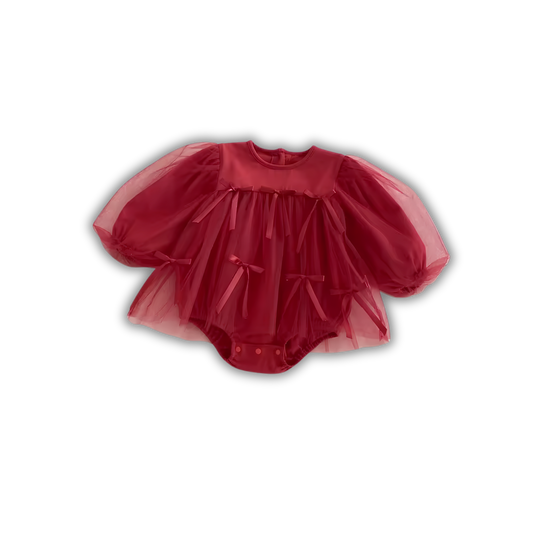 Romper Vestido de Tul Rojo con Mangas Abullonadas y Lazos Coquette