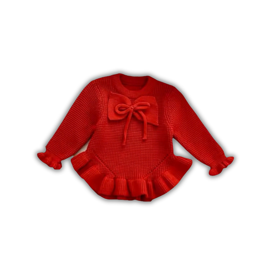 Suéter Vestido de Punto con Moño Frontal y Olanes para Bebé rojo