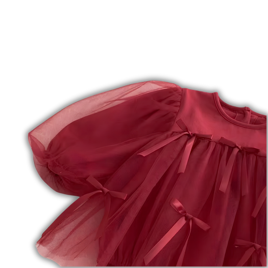 Romper Vestido de Tul Rojo con Mangas Abullonadas y Lazos Coquette