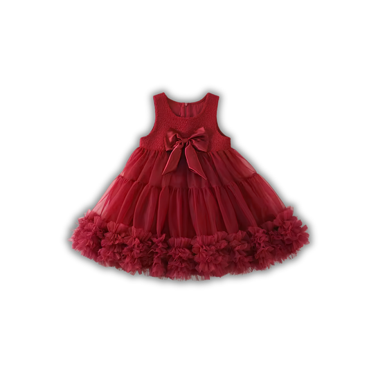 Vestido Rojo Borgoña de Tul y Olanes para Bebé y Niña