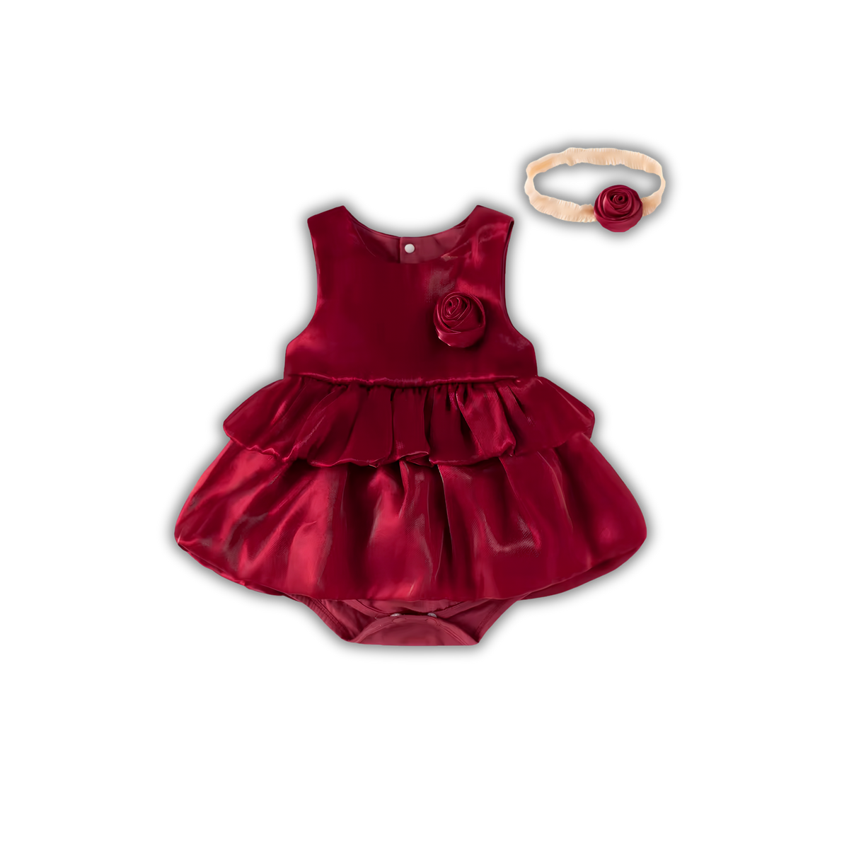 Romper Vestido Satinado Borgoña con Diadema de Rosa